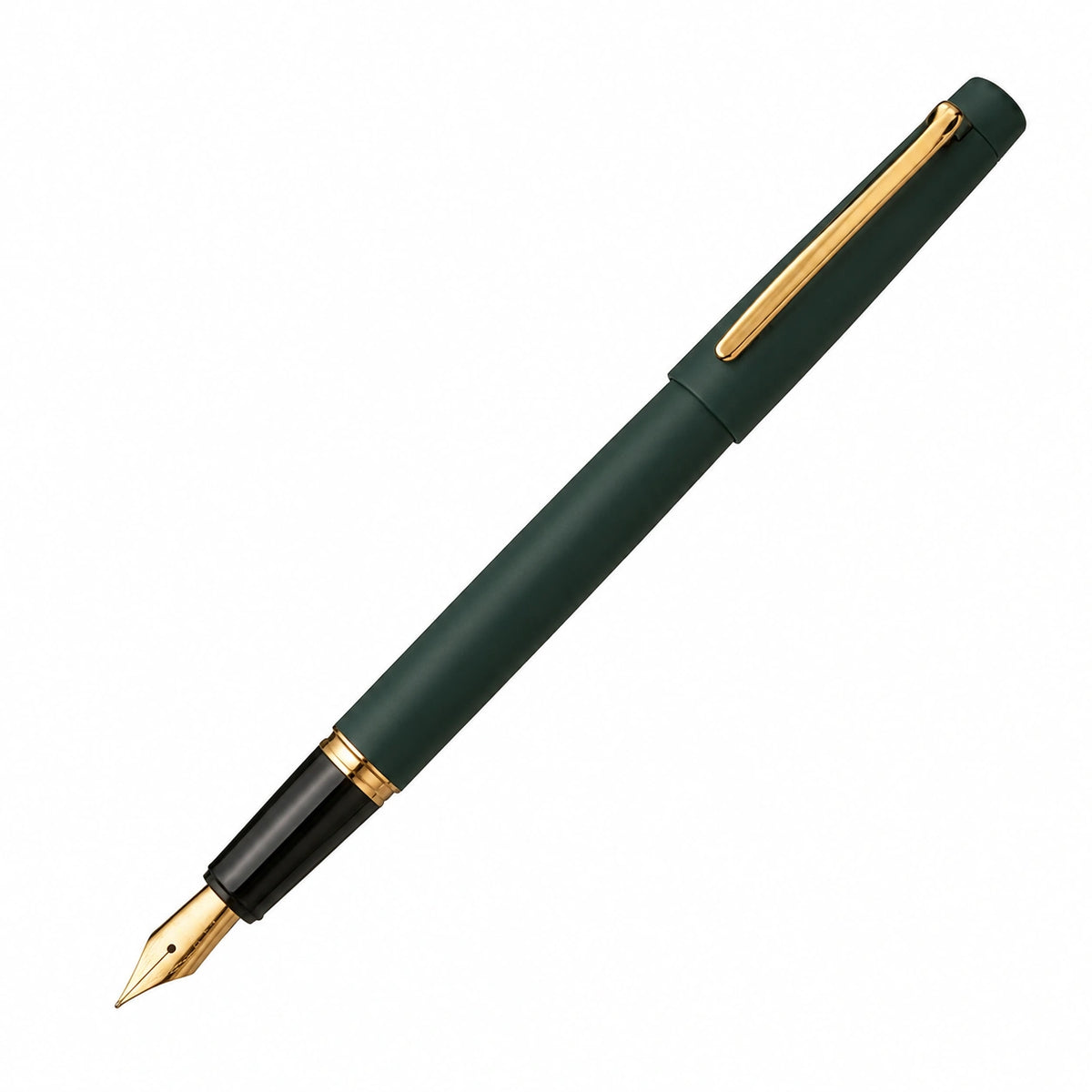 Pluma estilográfica verde oscuro con clip dorado y punta fina