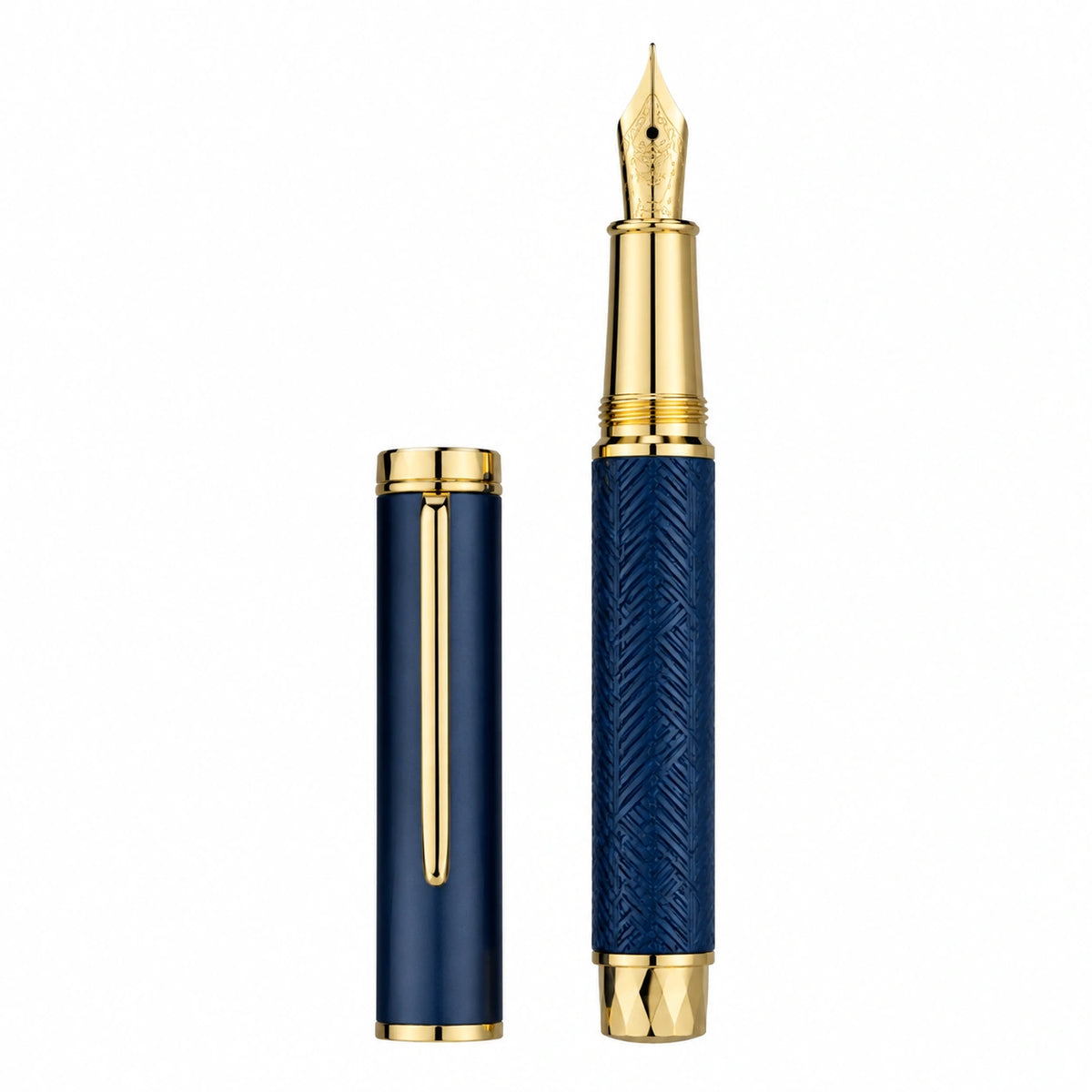 Pluma Estilográfica Azul Oscuro con Detalles Dorados y Plumín de Oro